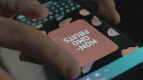 NonGMO Fruits Inscription on Smartphone Designer Making an Advertisement Design on Mobile App