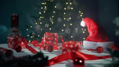 Zusammenstellung von Weihnachtsmützen und Geschenken unter dem Baum