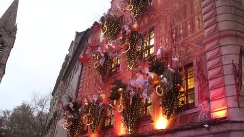 elaborate beautiful christmas decorations on a storefront at Festive Christmas market in Strasbourg,