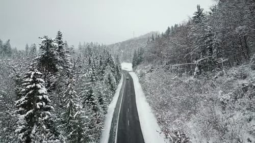 Car driving on asphalt road through snowy winter forest in Black Forest, Germany