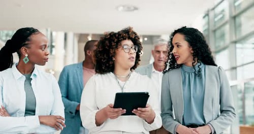 Tablet, team leader and walking business women, workforce or staff teamwork on company plan
