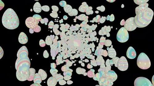 Pastel colored Easter eggs tunnel moving on black background seamless looped 3D render. Various