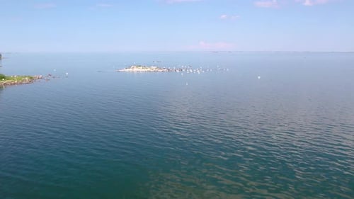 Fly over mini island with birds on in, Sweden