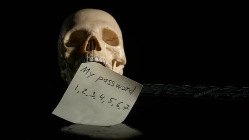 Skull with Password Note on Computer Keyboard