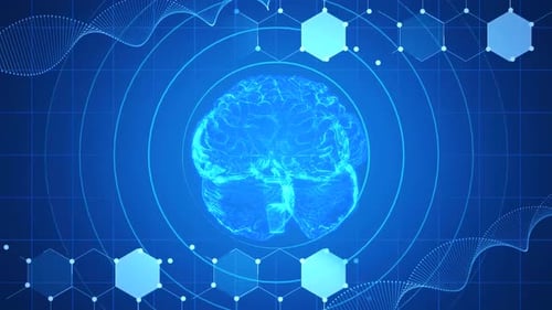 Digital Brain Scan Medical Animation with DNA Strands and Hexagons