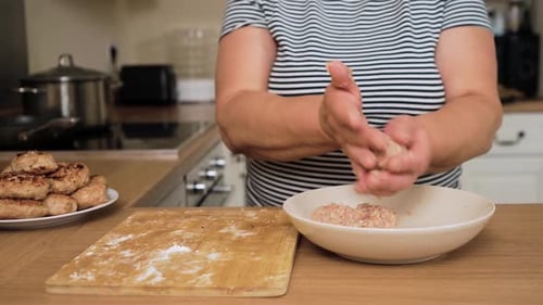 Shaping Raw Mixture Into Round Cutlet Unrecognizable Person Molding Minced Meat Patty Forming