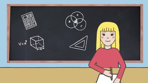 Animation of school icons over blackboard and schoolgirl writing on blue background