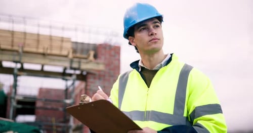 Man, inspection and planning on construction site with clipboard, quantity surveyor