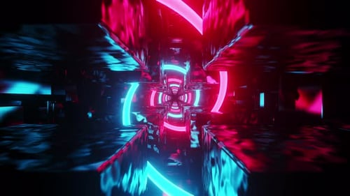 Neon red and blue spiral tubes in an abstract metal tunnel. Looped animation