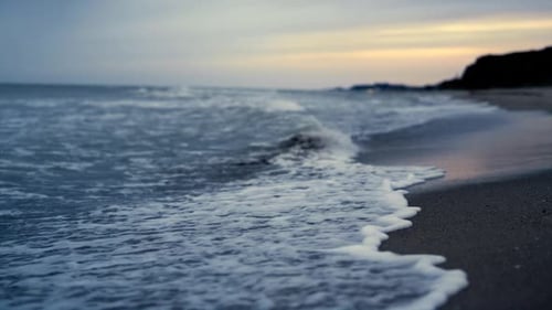 Sunset Sea Beach Waves Crashing Romantic Island Coast. Ocean Blue Water Splashing