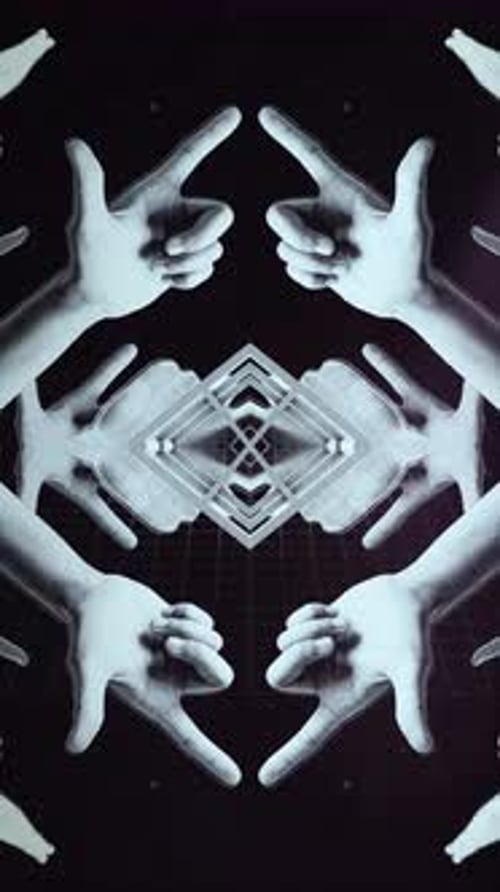 Abstract Kaleidoscope Pattern with Geometric Cube and Repeating Hands