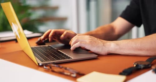 Journalist, hands and typing with laptop for copywriting, research or journalism at office desk