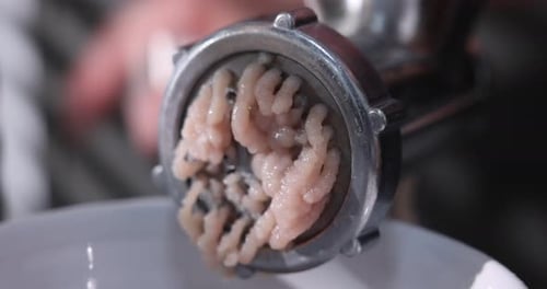 Man making minced meat with grinder indoors, selective focus