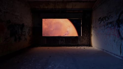 Planet Mars is Slowly Rising Filling the Window of an Abandoned Vandalized Building Suggesting the