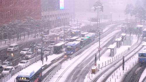 Seoul city traffic driving in heavy winter snow blizzard, South Korea