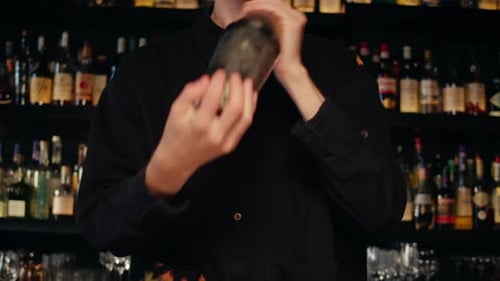 Young Bartender Doing a Cocktail with Shaker in the Bar Man Making Alcohol Cocktail Behind the Bar
