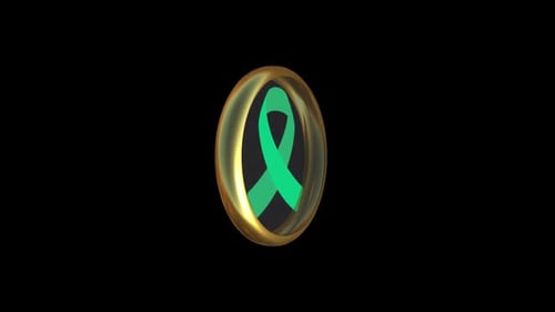 Rotating 3D Gold Circle with Green Awareness Ribbon Icon