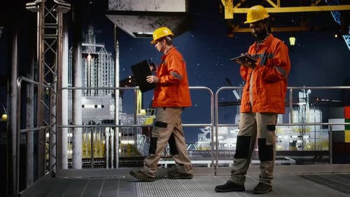Wirtschaftsingenieur inspiziert Offshore-Bohranlagen mit Tablet
