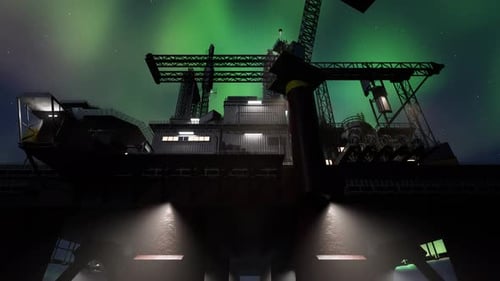 Instalación en alta mar en el océano bajo la resplandeciente aurora boreal
