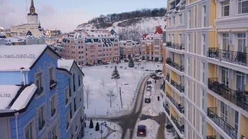 Aerial View of Winter Cityscape with Colorful Buildings