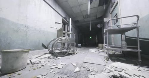 Abandoned Hospital Hallway with Broken Equipment and Debris Scattered
