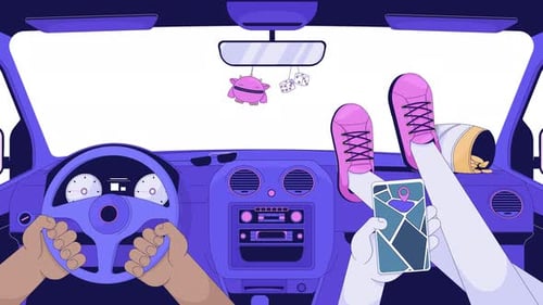 Road trip car interior with blank windshield and navigation app cartoon animation