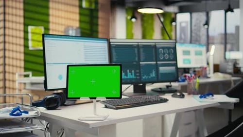 Empty Office Showcases Tablet with Isolated Chroma Key and Modern Tools