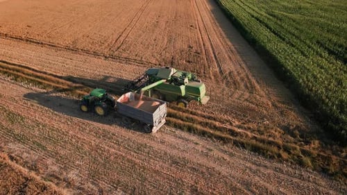 Aerial View of Combine Harvester Pouring Grain Into Tractor Trailer