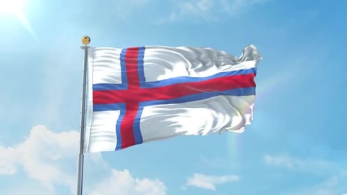 Faroe Islands National Flag Waving in Blue Sky