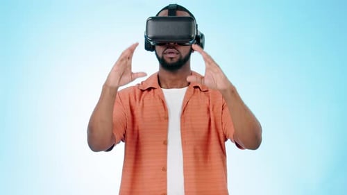 Man, virtual reality glasses and hands in studio for 3d user experience