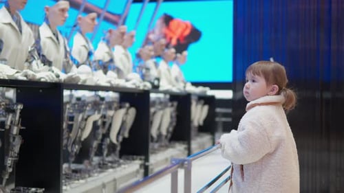 Curious 3-Year-Old Girl Toddler Looking At The Cyborg Figures Displayed Inside A Shopping Mall. - Me