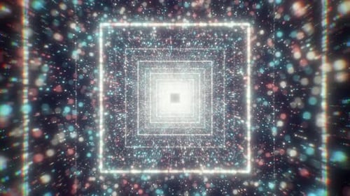 Bright Colorful Tunnel of Glowing Particles and Squares