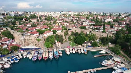 Antique Touristic European City Marine Bay with Water Transport Yacht Boat Ship Aerial Panorama View