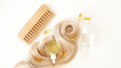 Blond Hair, Comb, Capsules, and Essential Oil