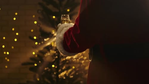 Santa Claus Holding a Glass of Champagne Indoors