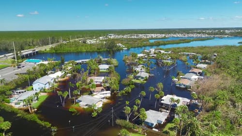 Flooded Residential Houses By Hurricane Ian Rainfall in Florida Residential Area