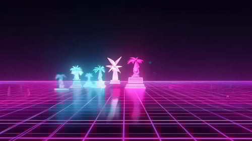 Neon Palm Trees on Futuristic Grid Loop Animation