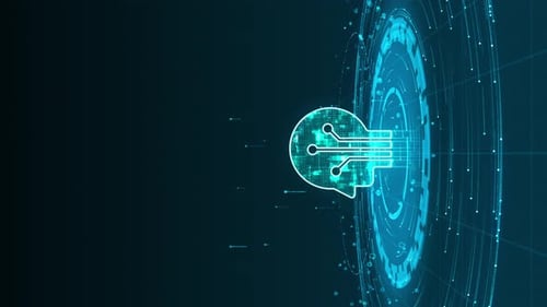 Logo de robot numérique bleu avec rotation circulaire de particules et icônes de la technologie AI sur fond futuriste