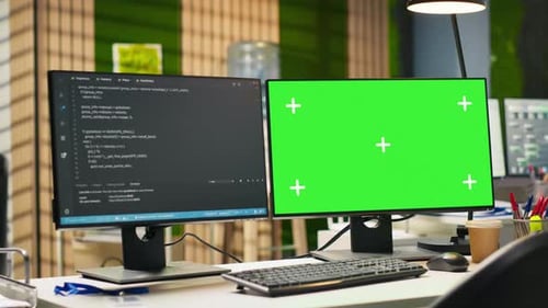 Mockup PC in Empty IT Startup Office Displaying Programming Languages