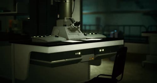 Laboratory Workspace with Advanced Equipment and Dim Lighting at Night