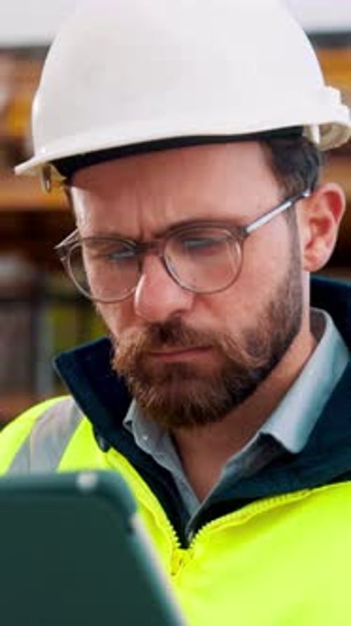 Engineer, man and thinking at construction site with tablet, check building design