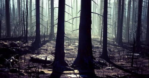 Dark and Eerie Forest After a Wildfire with Hazy Atmosphere