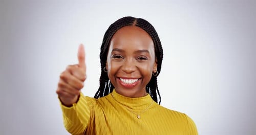 Black woman, thumbs up and agreement with support and yes, mockup space