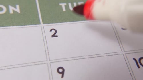 The 2nd date on a calendar is circled with a red marker in a close-up macro shot