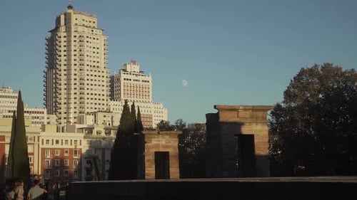 Skyscraper in Madrid with moon far away
