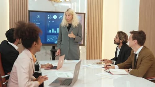 Presentation in office or ornament meeting room with analyst team