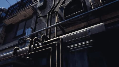 Industrial Architecture with Pipes and Ventilation on Urban Building Exterior