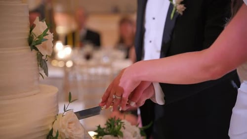 A Bride and a Groom Holds a Knife to Cut a Wedding Cake Close Up Slow Motion Shot View