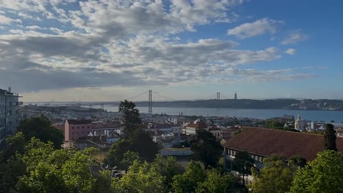 Beautiful sunrise over Bridge of 25th April, Lisbon, Portugal. Famous