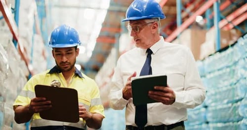 Supply chain, tablet and men in warehouse with clipboard for distribution, shipping and inventory